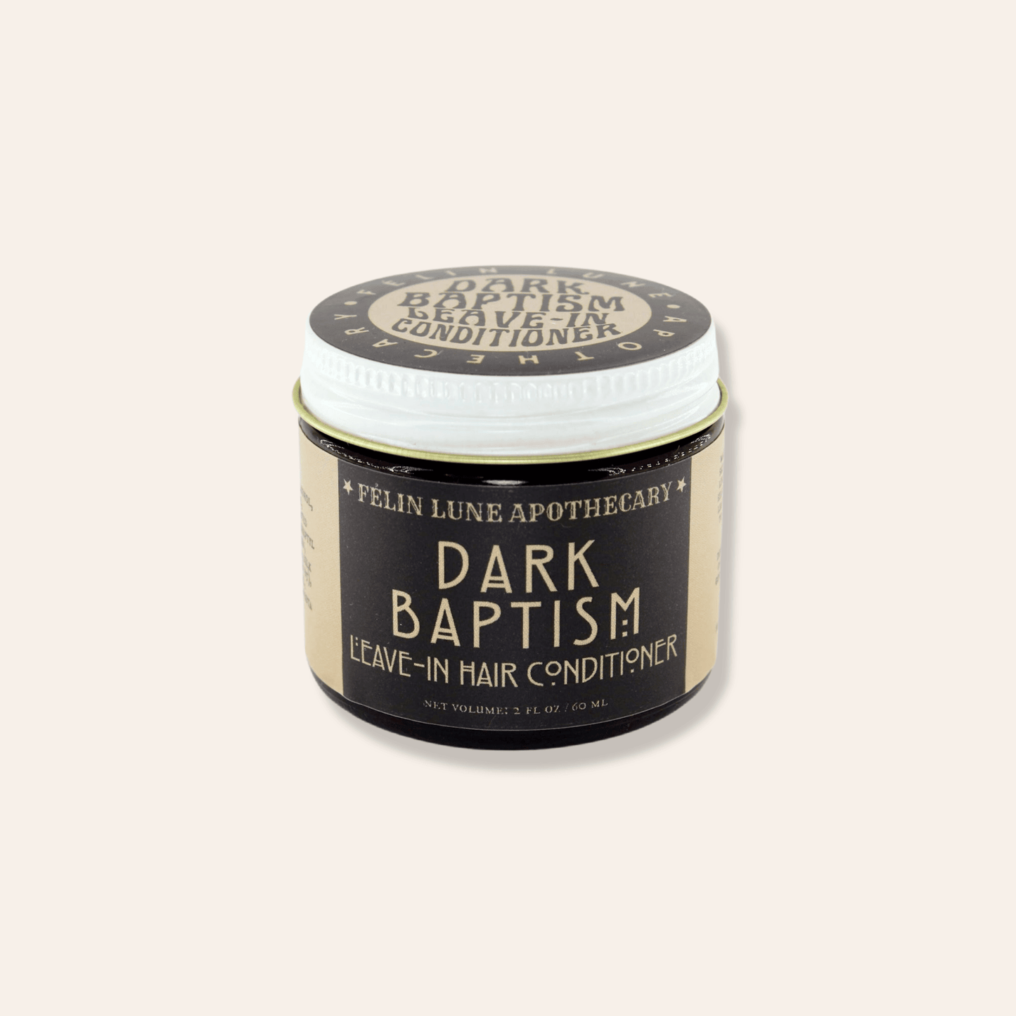 A jar of dark baptism leave in hair conditioner on a beige background.