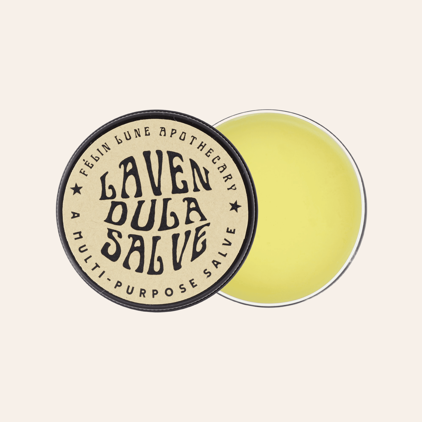 A black tin with a  yellow salve. The label that reads 'Lavendula Salve, A Multi-Purpose Salve'. 